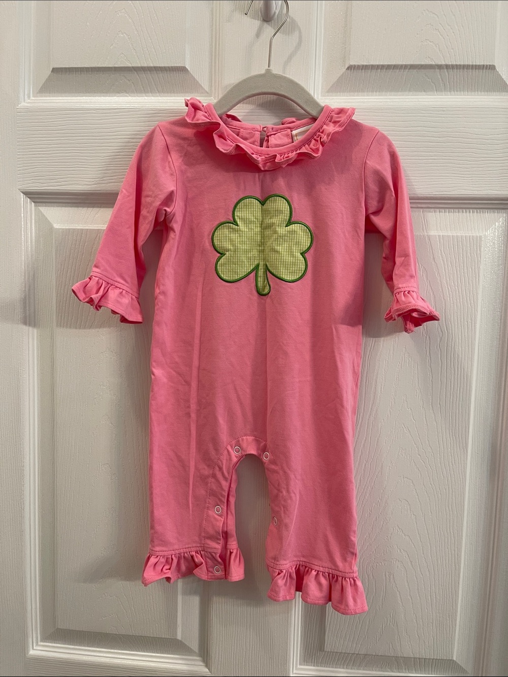 Stitchy Fish Pink Ruffle Clover Romper 6M